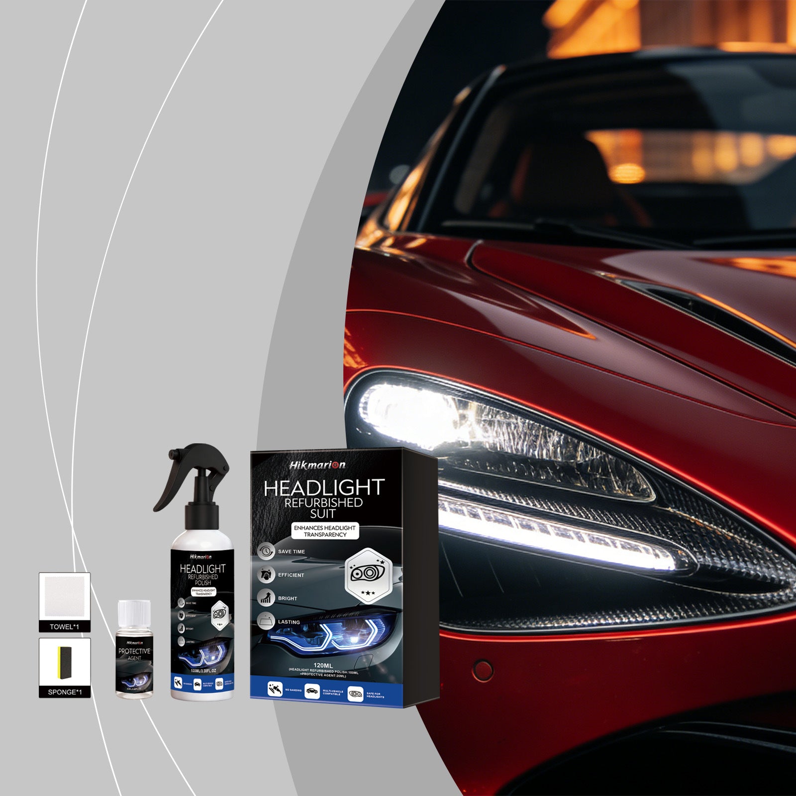 Hikmarion Headlight Refurbishment Kit – Daily Cleaning, Stain Removal, Brightening & Care Products for Clear, Restored Headlights